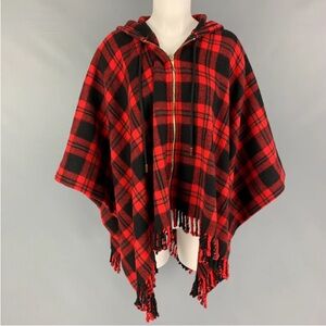 Kate spade Red and Black Plaid Hooded Poncho Cape with Hood